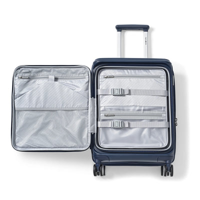 Samsonite Paralux Global midnight navy carry-on hardside spinner, open interior with mesh divider and cross straps