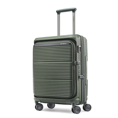Samsonite Paralux Global olive carry-on hardside spinner, three-quarter front view