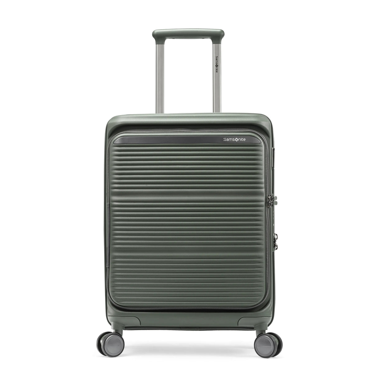 Samsonite Paralux Global olive carry-on hardside spinner, front view, telescoping handle extended, horizontal ribbed shell