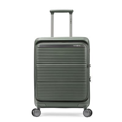 Samsonite Paralux Global olive carry-on hardside spinner, front view, telescoping handle extended, horizontal ribbed shell