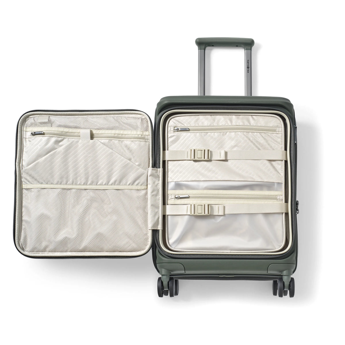 Samsonite Paralux Global olive carry-on hardside spinner, open interior with mesh divider and cross straps
