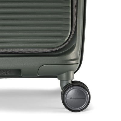 Samsonite Paralux Global olive carry-on hardside spinner, double spinner wheel close-up