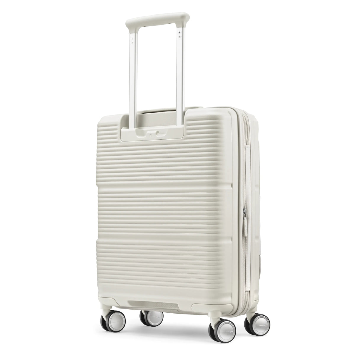 Samsonite Paralux Global stone grey carry-on hardside spinner, three-quarter rear view