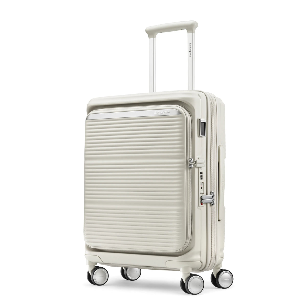 Samsonite Paralux Global stone grey carry-on hardside spinner, three-quarter front view