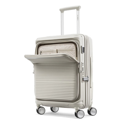 Samsonite Paralux Global stone grey carry-on hardside spinner, front laptop panel hinged open