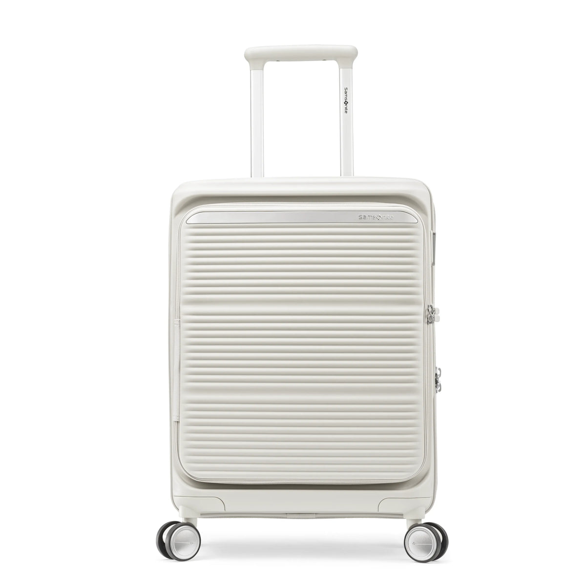Samsonite Paralux Global stone grey carry-on hardside spinner, front view, telescoping handle extended, horizontal ribbed shell