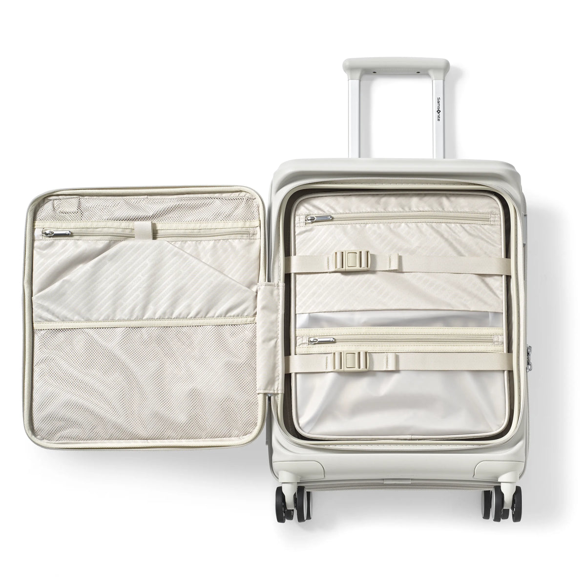 Samsonite Paralux Global stone grey carry-on hardside spinner, open interior with mesh divider and cross straps