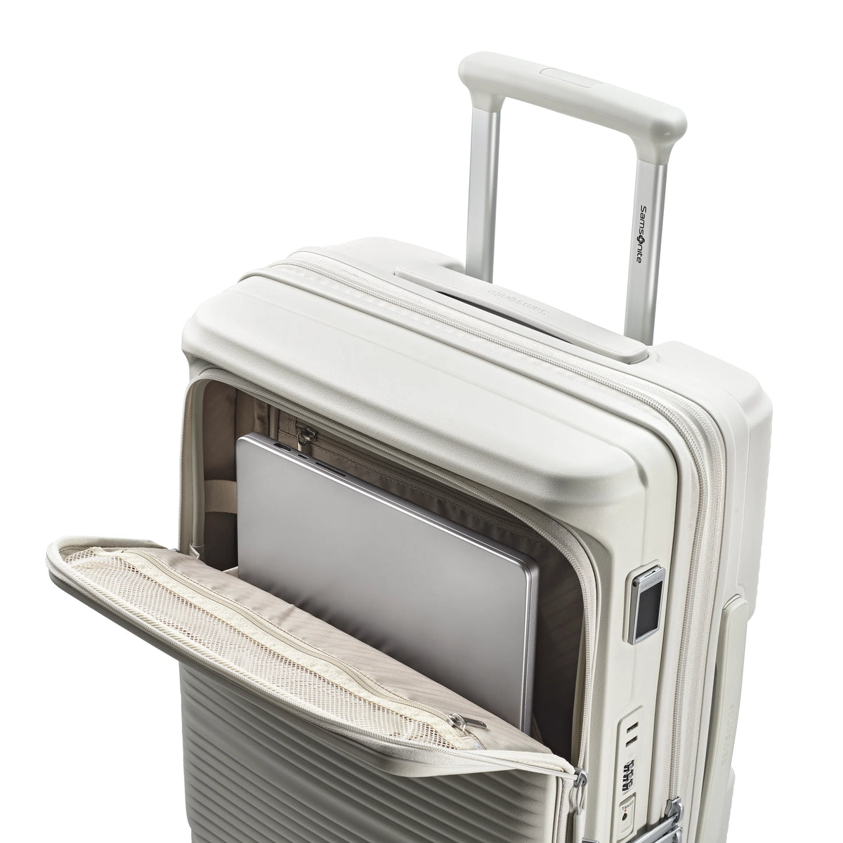 Samsonite Paralux Global stone grey carry-on hardside spinner, laptop sliding into the front-access sleeve