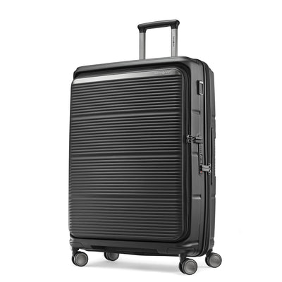 Samsonite Paralux black large checked hardside spinner, three-quarter front view