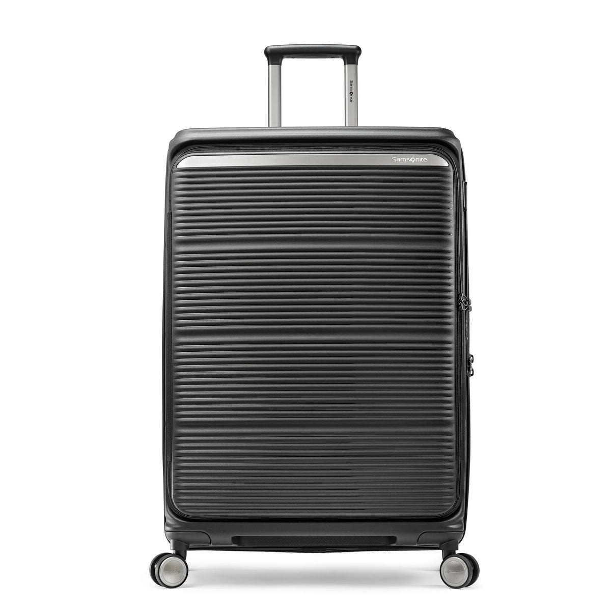 Featured image: Samsonite Paralux black large checked hardside spinner, front view, telescoping handle slightly raised, horizontal ribbed shell