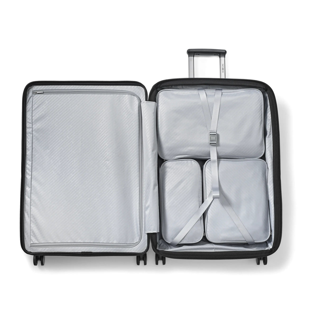 Samsonite Paralux black large checked hardside spinner, open interior with packing cubes