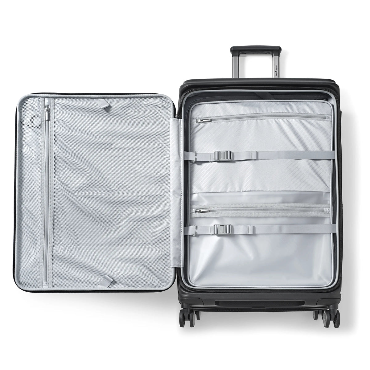 Samsonite Paralux black large checked hardside spinner, open interior with mesh divider and cross straps