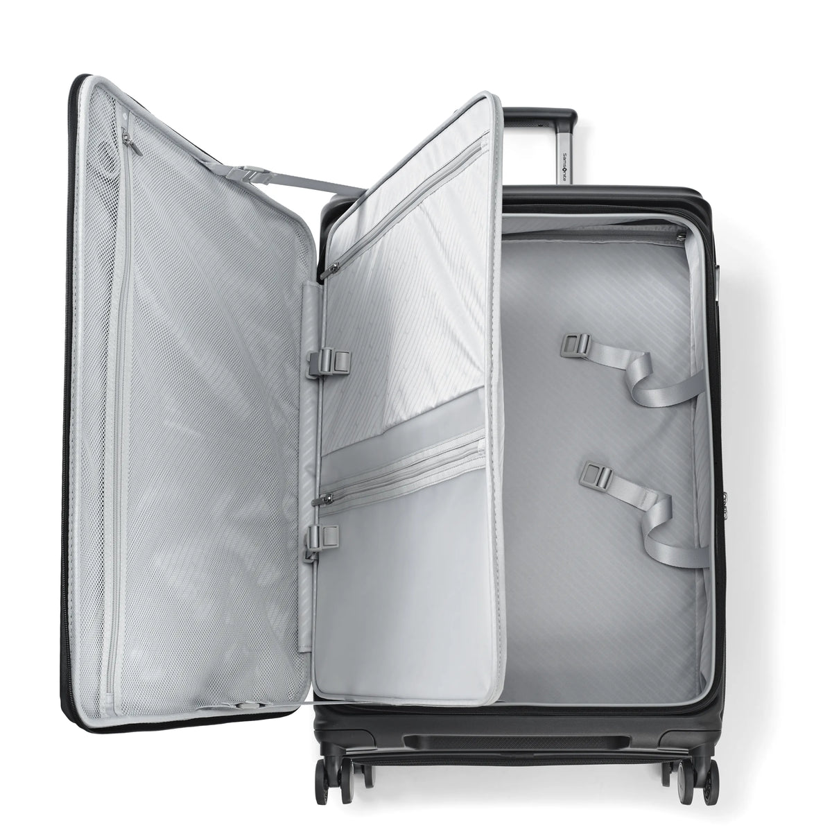 Samsonite Paralux black large checked hardside spinner, open interior, angled packing view