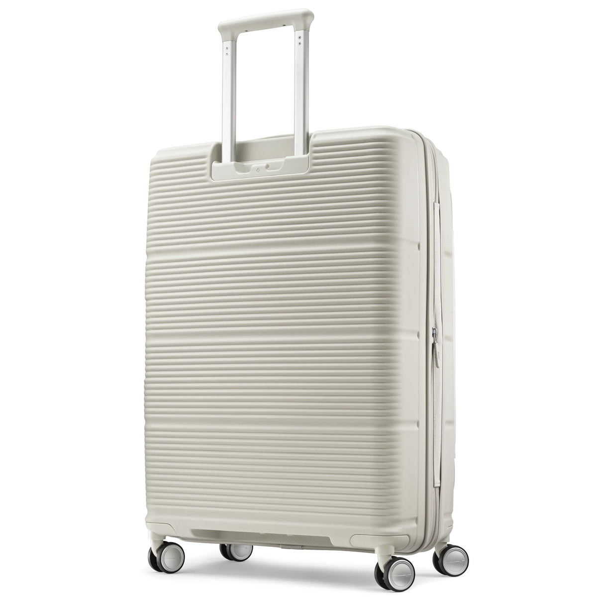 Samsonite Paralux stone grey large checked hardside spinner, three-quarter rear view