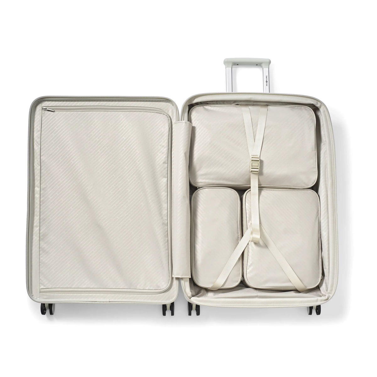 Samsonite Paralux stone grey large checked hardside spinner, open interior with packing cubes