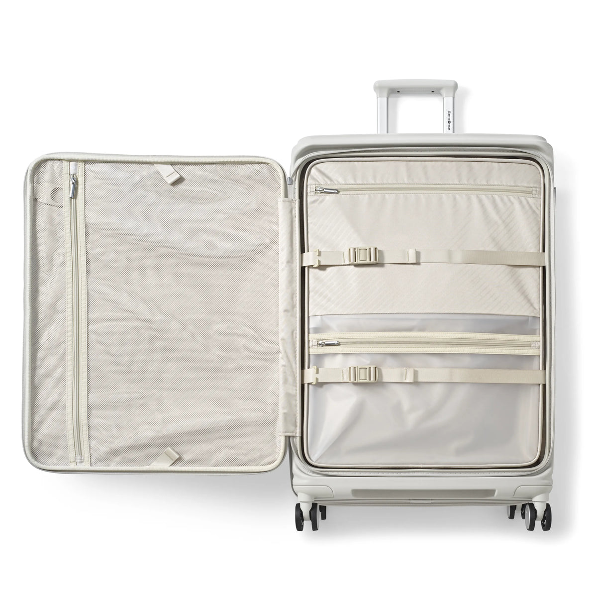 Samsonite Paralux stone grey large checked hardside spinner, open interior with mesh divider and cross straps