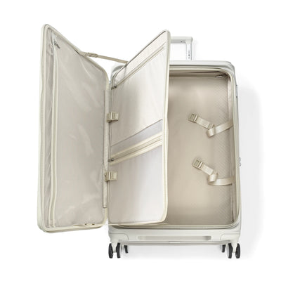 Samsonite Paralux stone grey large checked hardside spinner, open interior, angled packing view