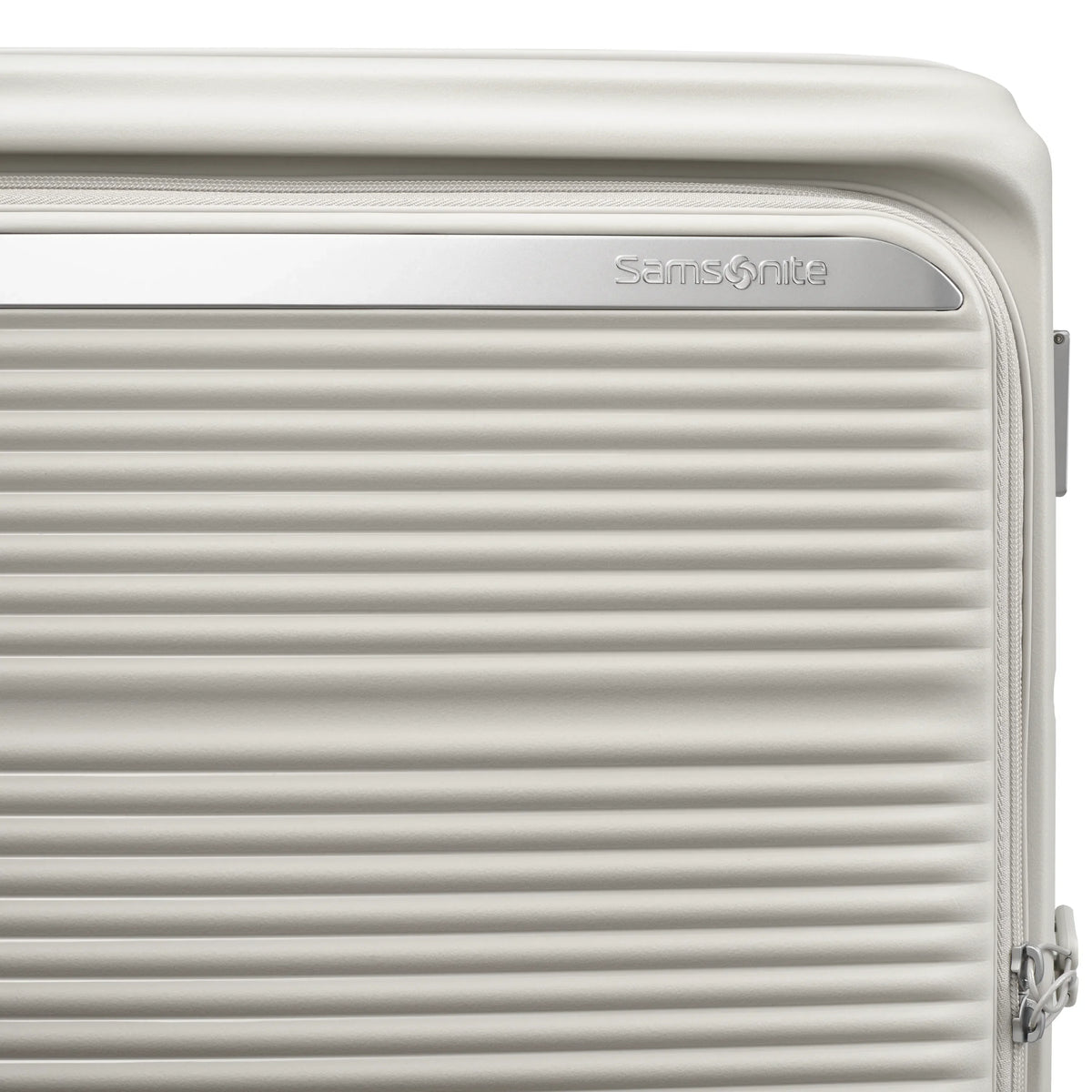 Samsonite Paralux stone grey large checked hardside spinner, ribbed shell and Samsonite logo plate