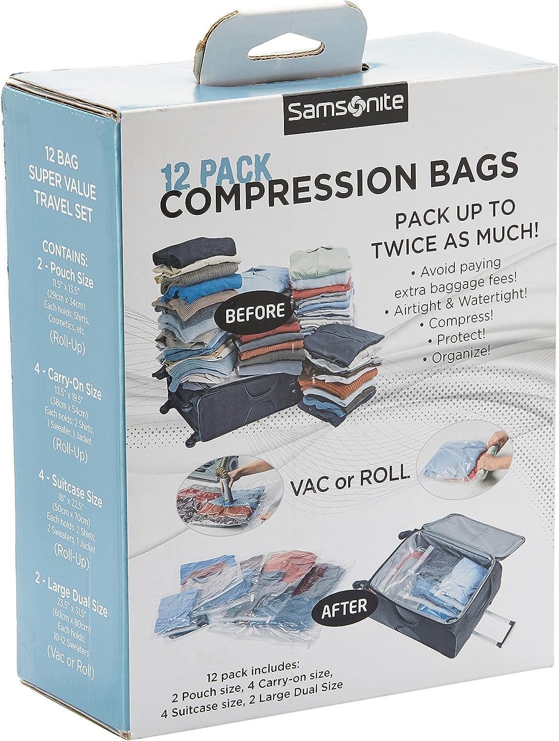 12 Pc Compression Bag Kit (2 Pouch Size, 4 Carry On Size, 4 Large Size, 2Xl Vacuum Size) - Voyage Luggage