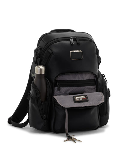 Tumi Alpha Bravo Navigation Leather Backpack Black front pocket open