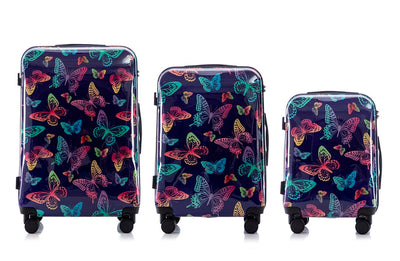 Multi-color Design ABS Hard Shell Lightweight with 360° Dual Spinning Wheels & Combo Lock – Includes 28", 24", 20" 3-Piece Luggage Set - Butterfly