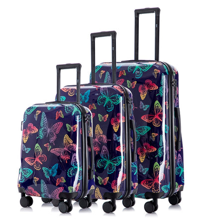 Multi-color Design ABS Hard Shell Lightweight with 360° Dual Spinning Wheels & Combo Lock – Includes 28", 24", 20" 3-Piece Luggage Set - Butterfly