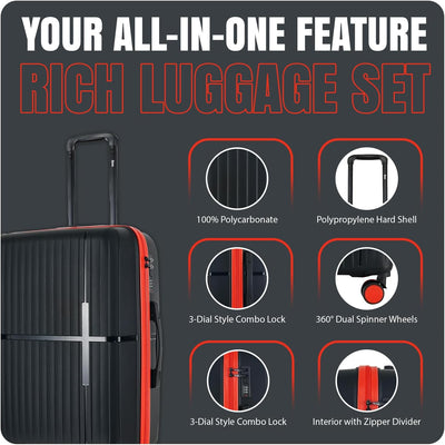 GALA 3-Piece Luggage Set – Polypropylene Hardshell, Lightweight, 360° Dual Spinning Wheels, Combo Lock - 20", 24", 28" - Black
