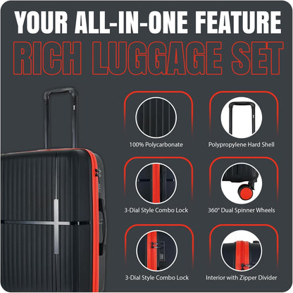 GALA 3-Piece Luggage Set – Polypropylene Hardshell, Lightweight, 360° Dual Spinning Wheels, Combo Lock - 20", 24", 28" - Black
