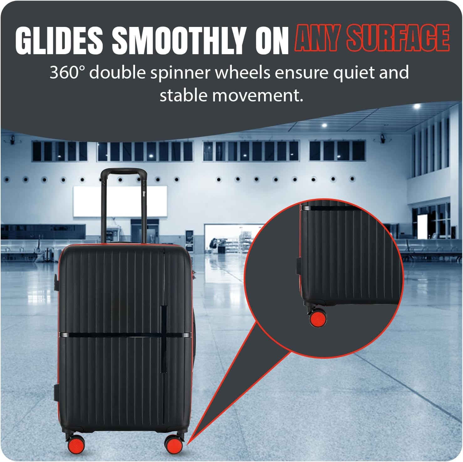 GALA 3-Piece Luggage Set – Polypropylene Hardshell, Lightweight, 360° Dual Spinning Wheels, Combo Lock - 20", 24", 28" - Black