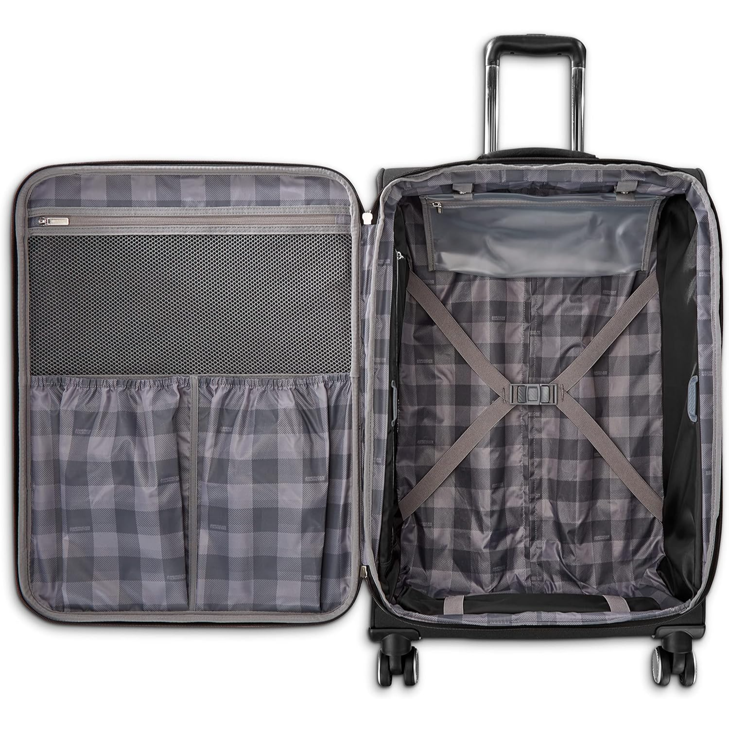 American Tourister Whim Softside Expandable Luggage with Spinners, Black, 2PC SET (Carry-on/Medium)