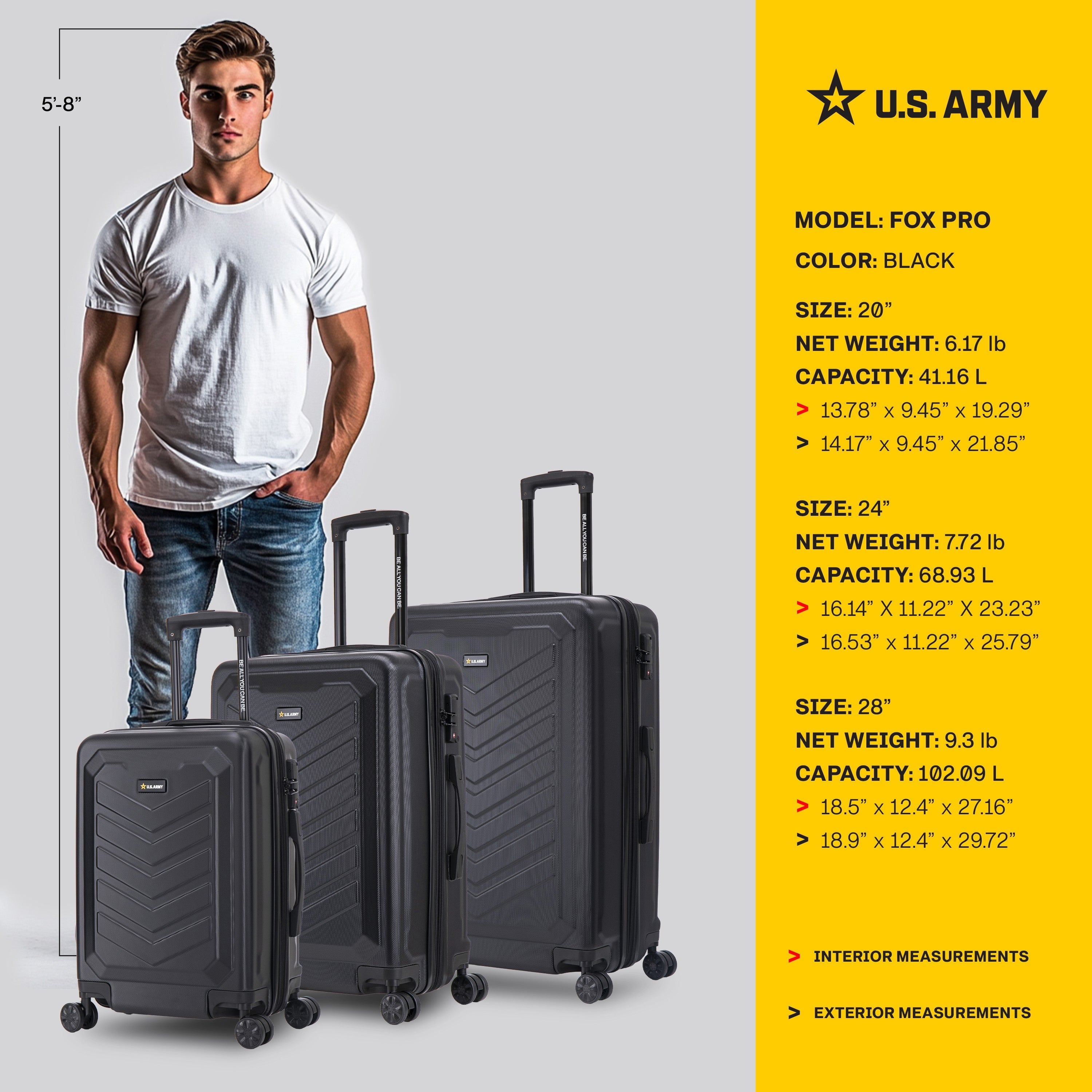 U.S. ARMY FOX PRO 3-Piece Luggage Set 20"/24"/28" Expandable Suitcases with TSA Lock