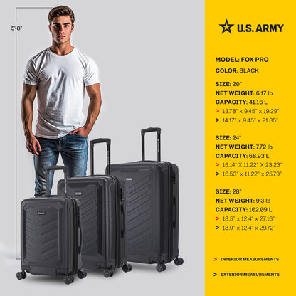 U.S. ARMY FOX PRO 3-Piece Luggage Set 20"/24"/28" Expandable Suitcases with TSA Lock