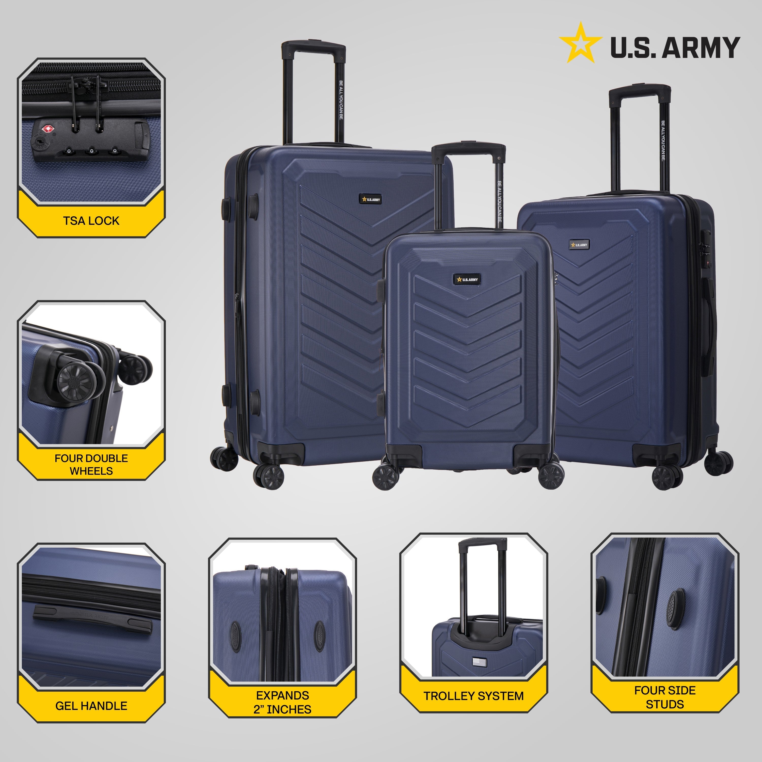 U.S. ARMY FOX PRO 3-Piece Luggage Set 20"/24"/28" Expandable Suitcases with TSA Lock