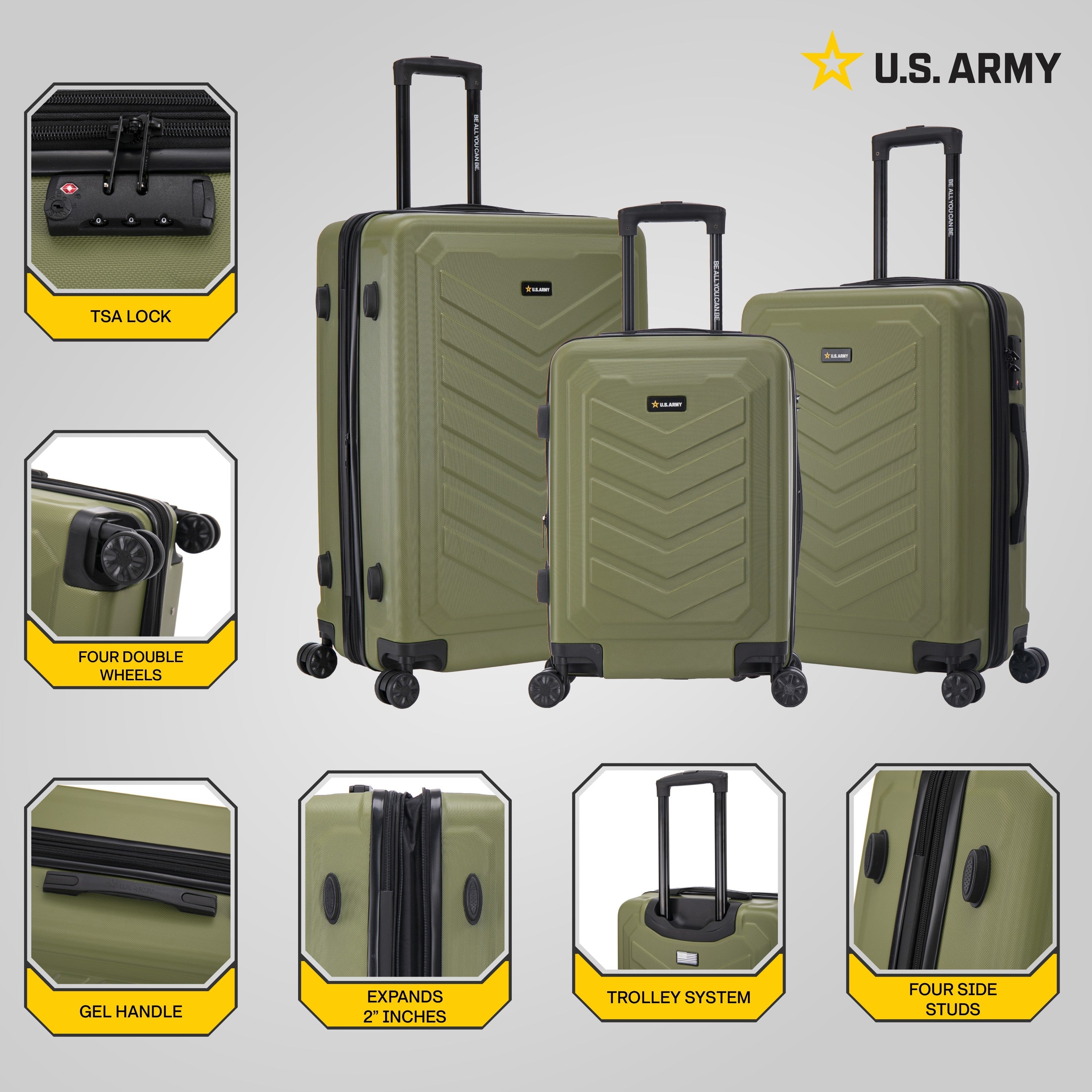 U.S. ARMY FOX PRO 3-Piece Luggage Set 20"/24"/28" Expandable Suitcases with TSA Lock