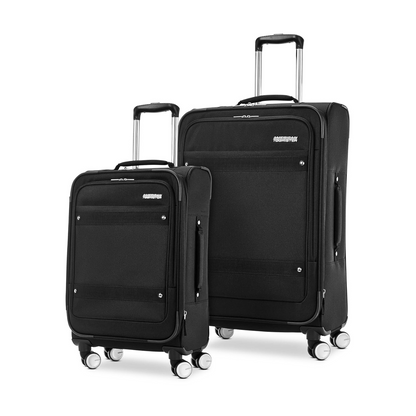 American Tourister Whim Softside Expandable Luggage with Spinners, Black, 2PC SET (Carry-on/Medium)