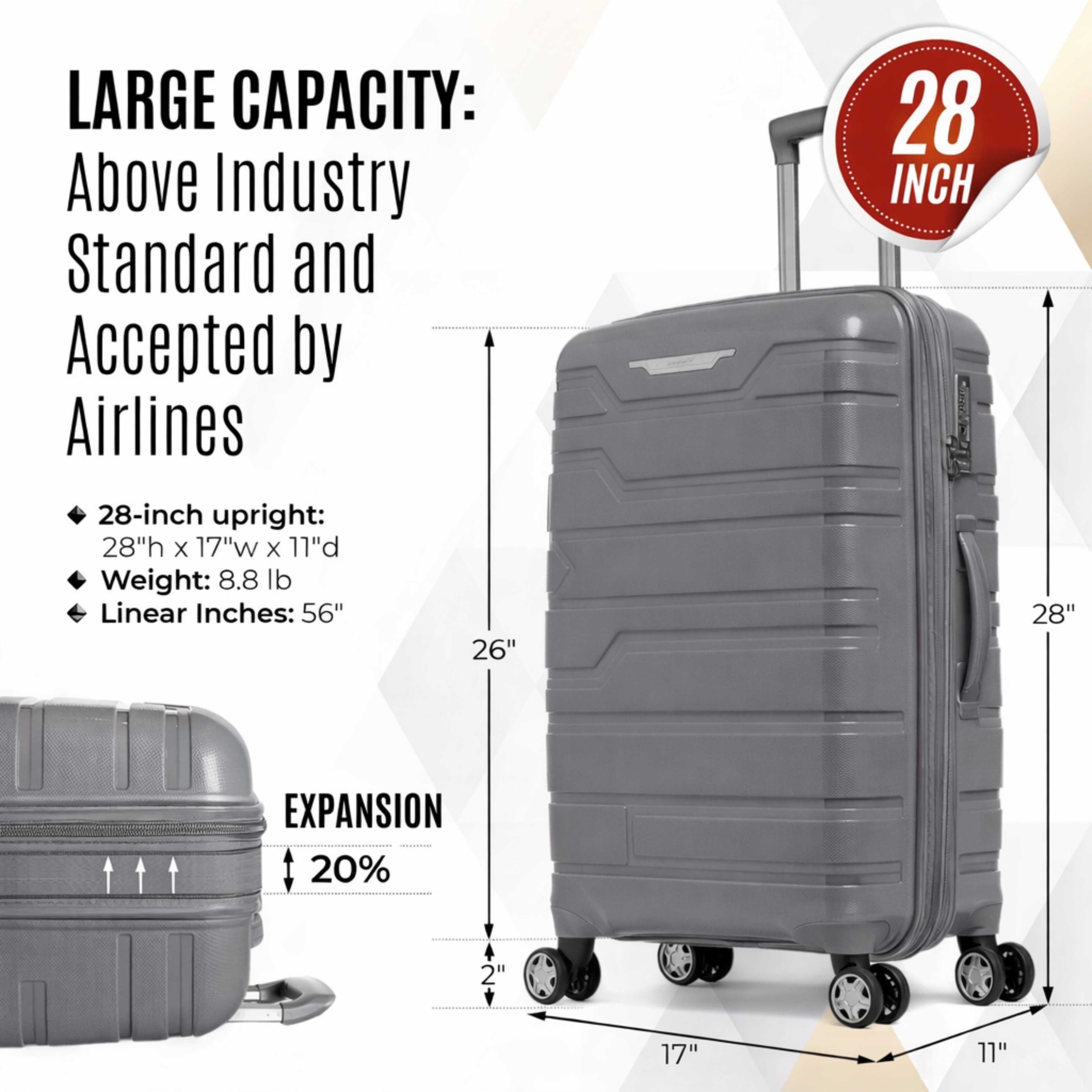 Juego de maletas rígidas Gabbiano con 8 ruedas, de polipropileno multicapa duradero, 3 piezas, 22, 26 y 31 pulgadas